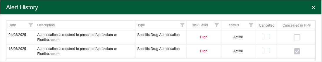 Alert History with the “Concealed in HPP” column displayed, with one displaying the concealed in HPP value being checked