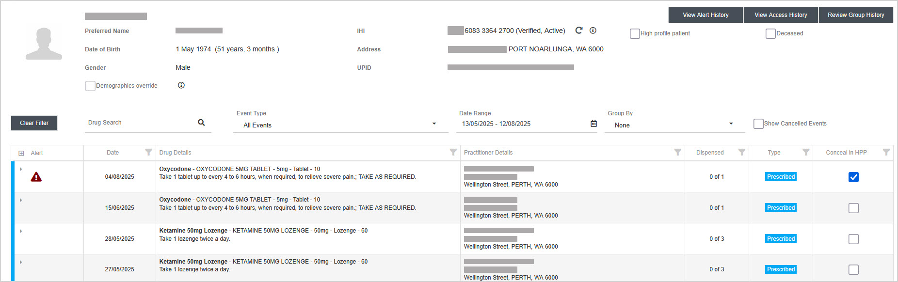 Medication events with the “Conceal in HPP” column displayed – one record shows the conceal in HPP value checked