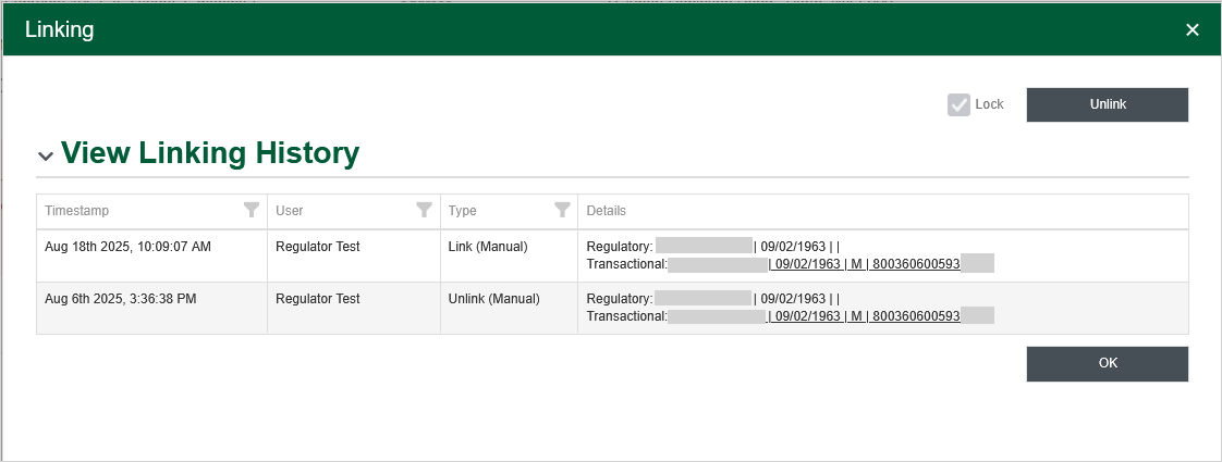 Linking History showing manual linking and unlinking events.